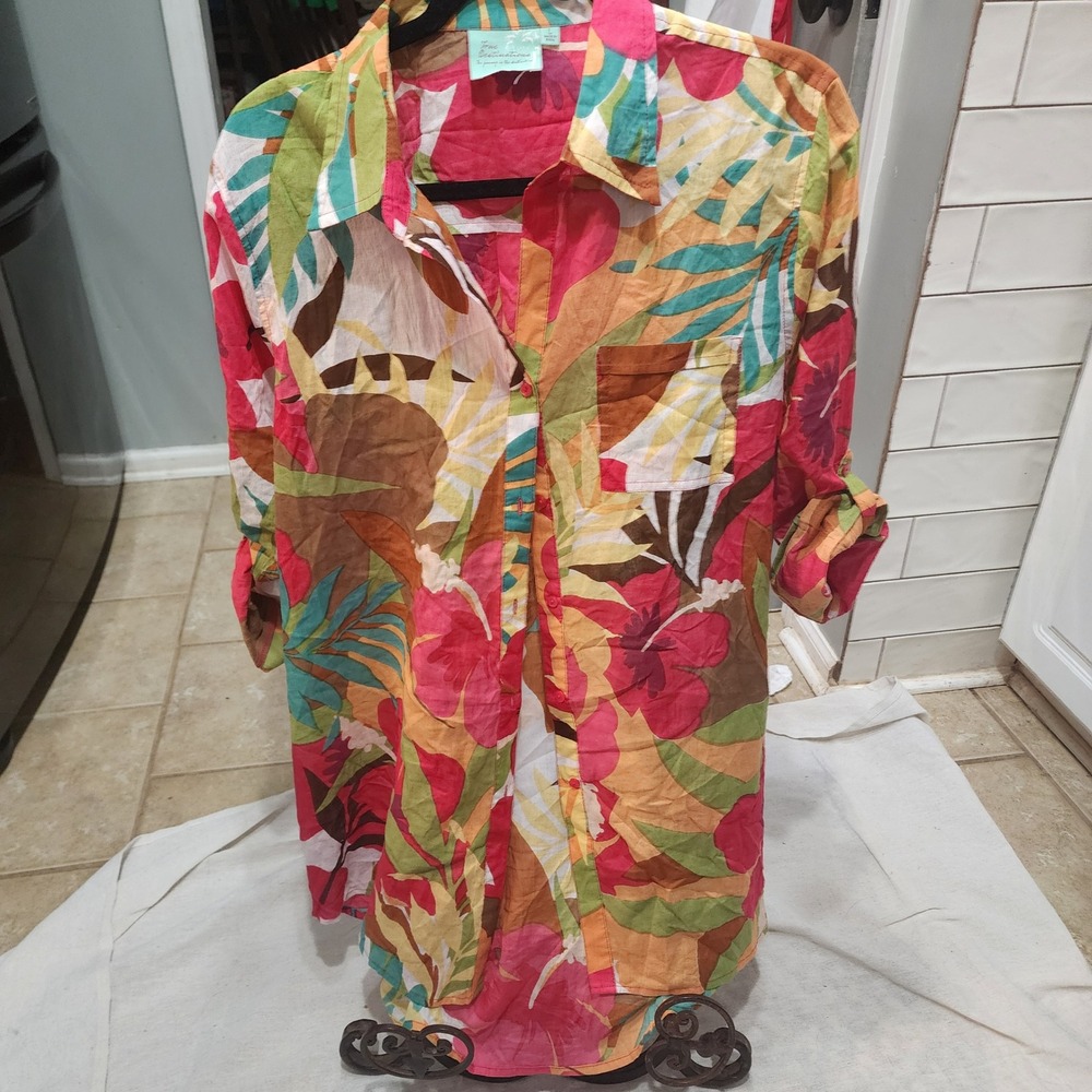 True Destinations Women Tropical Floral Button Down Shirt Cotton Roll Tab Large